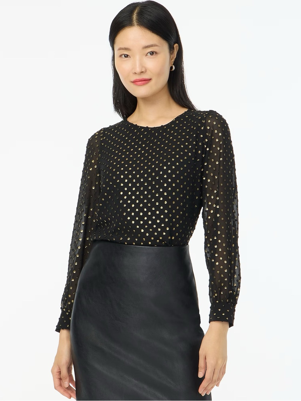 J.Crew Dot Preppy Chiffon Long-Sleeve Top Mod Career Office Relaxed Black Gold